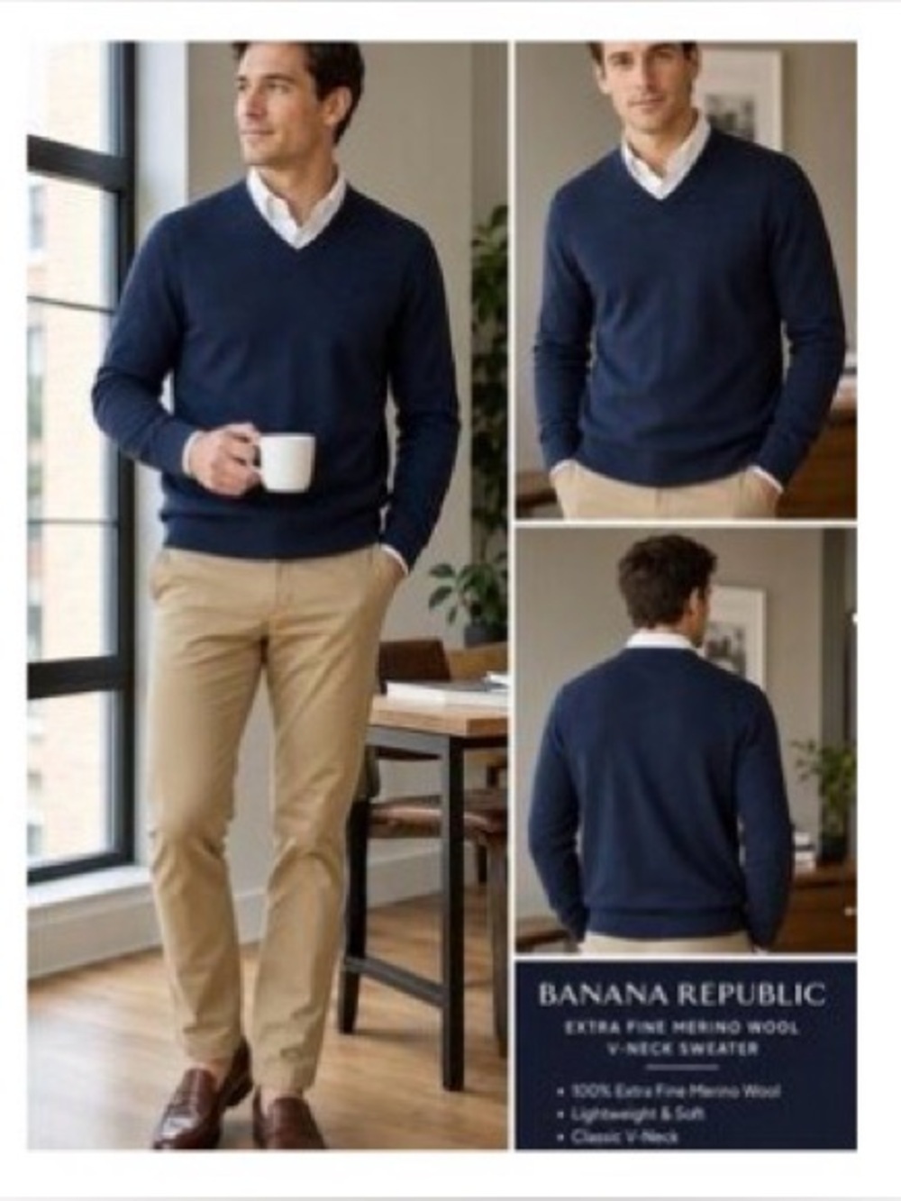 Banana Republic 100% Extra Fine Merino Wool Men’s Navy Blue V-neck Light Sweater